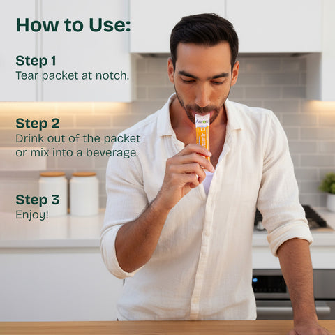 Man using a supplement packet with kitchen background and usage steps displayed.