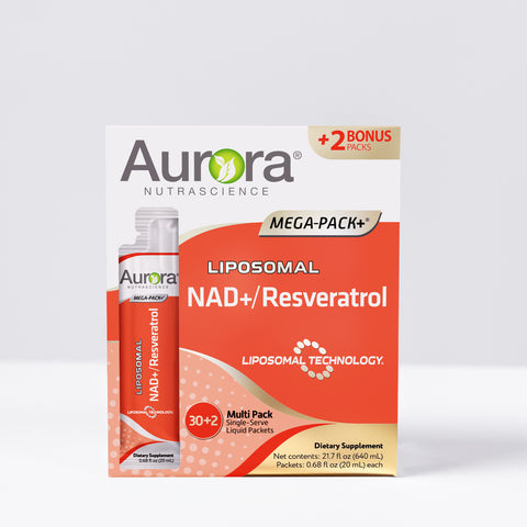 Packaging of Aurora Nutrascience's Liposomal NAD+/Resveratrol supplement, featuring the product name and benefits such as boosting cellular energy and promoting healthy aging.