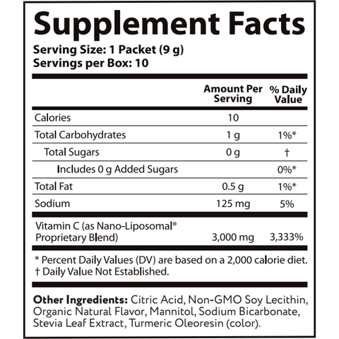Vida Lifescience's Vitamin C Drink Mix 10 pack Supplement Facts
