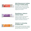 Three supplement tubes labeled NAD+, Glutathione, and Vitamin C with descriptions of their benefits on a white background.